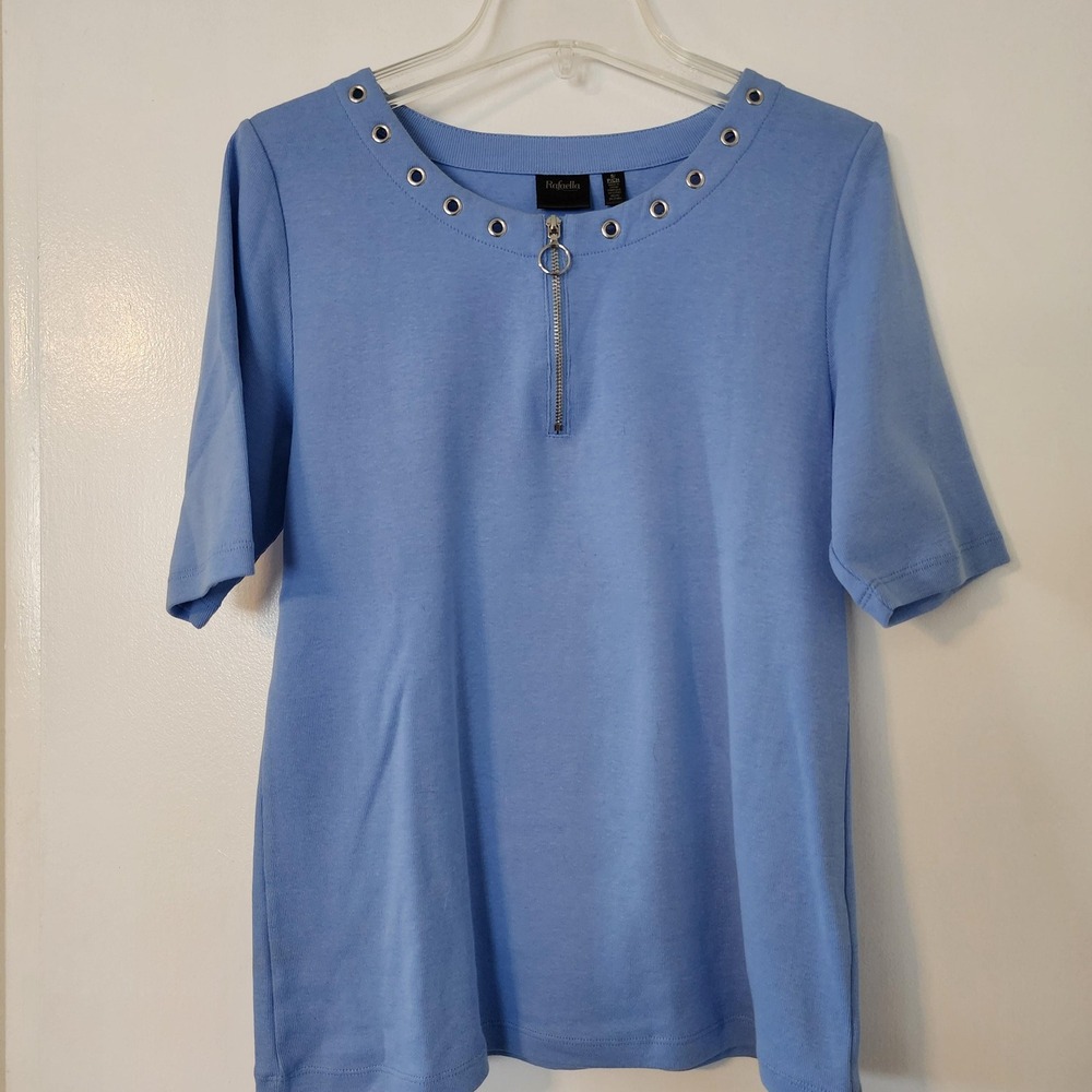 Rafaella Womens Y2K Blue Cotton Short Sleeve Grommet Zip Neck Top Size Small